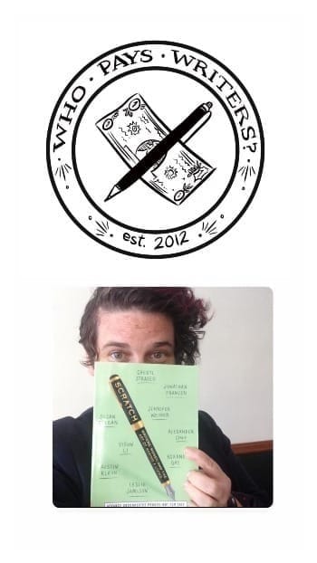 Top: A circular logo for Who Pays Writers featuring a dollar bill with a pen clipped to it. Bottom: A close-up of Manjula with the Scratch book covering the bottom half of her face. 