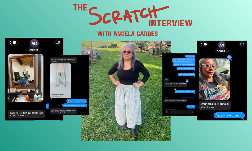 A photo collage of four screenshots of text exchanges and one portrait of a brown-skinned woman with gray hair wearing a black shirt and linen pants.